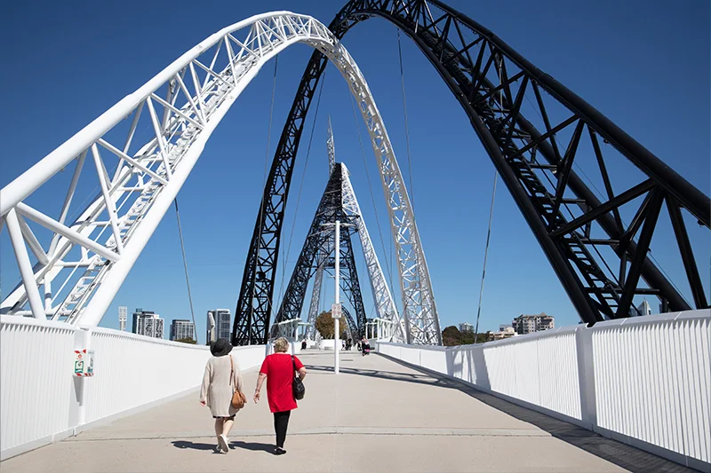 Ladies walking on the stainless swan shaped bridge